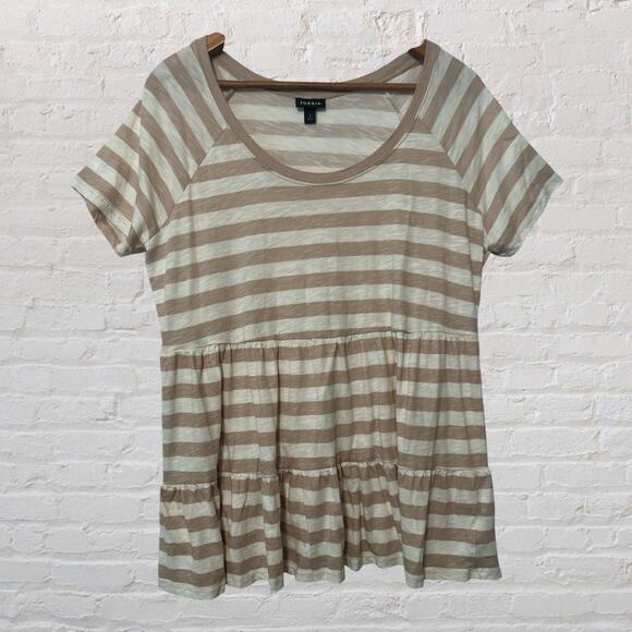 Torrid Peplum Tee Shirt Tan White Striped Babydoll Top Short Sleeve Casual 1X - Picture 1 of 10